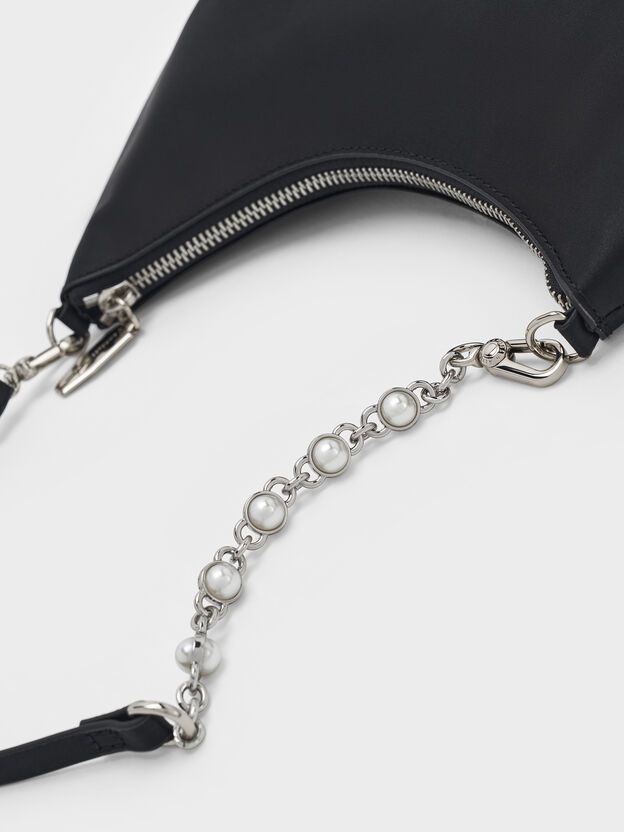 Sac port&eacute; &eacute;paule asym&eacute;trique &agrave; poign&eacute;e &agrave; cha&icirc;ne en satin Dion, Noir, hi-res