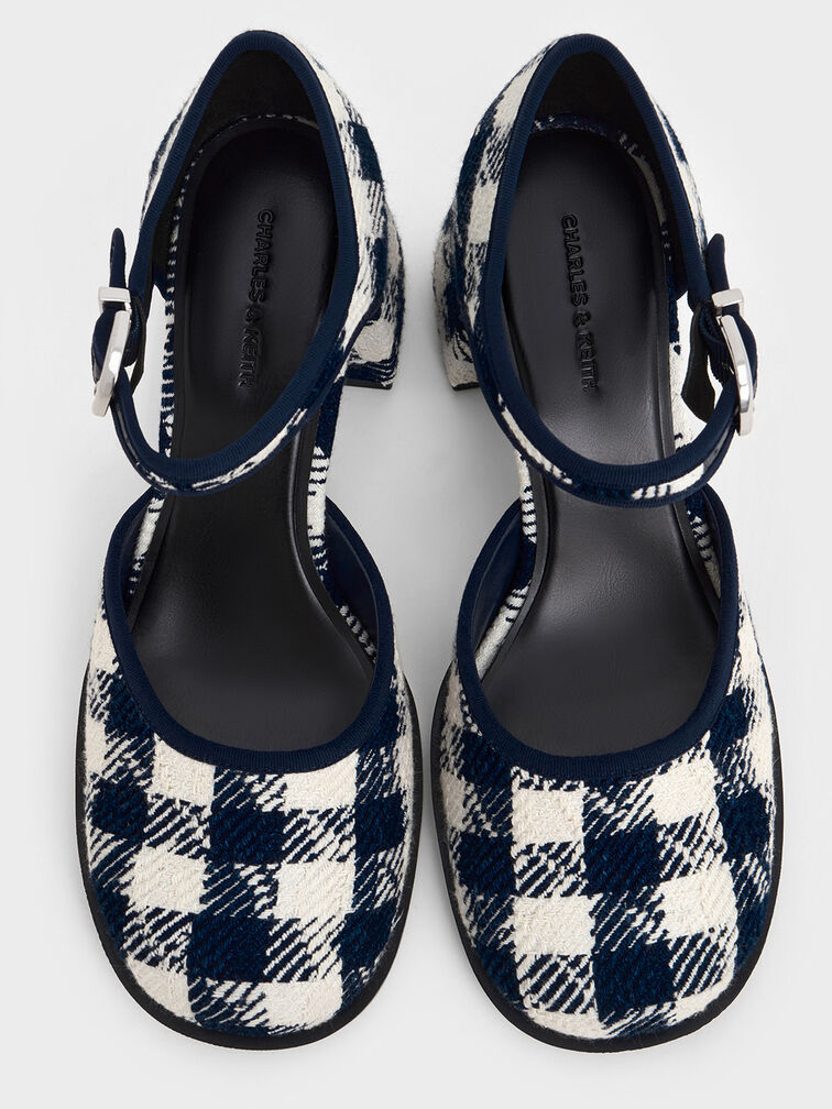 Checkered Block-Heel Ankle-Strap D'Orsay Pumps, Dark Blue, hi-res