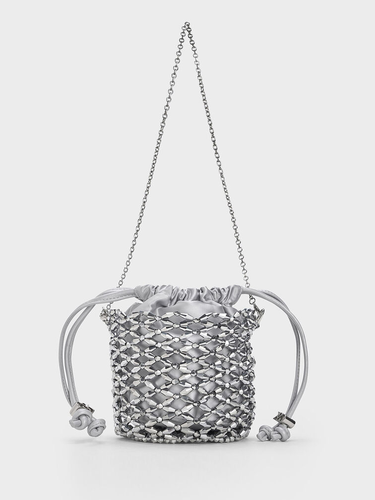 串珠編織水桶包, 銀色, hi-res