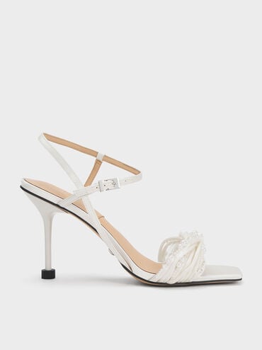 White Leda Beaded Asymmetric Satin Sandals - CHARLES & KEITH US