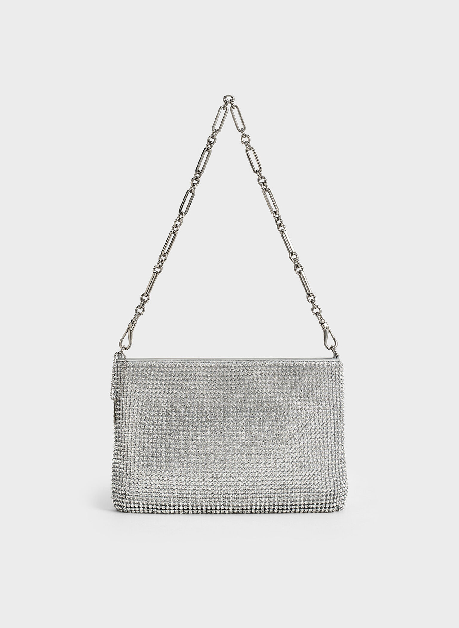 Bolso con asa de cadena adornado con cristales, Plateado, hi-res