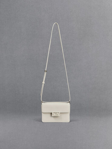 Leather Boxy Bag, White, hi-res