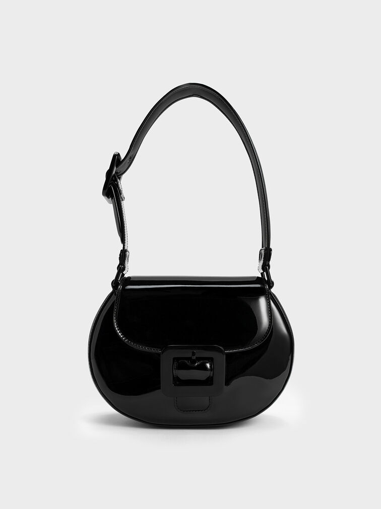 Charles & Keith - Women's Lula Patent Buckled Bag, Black, M