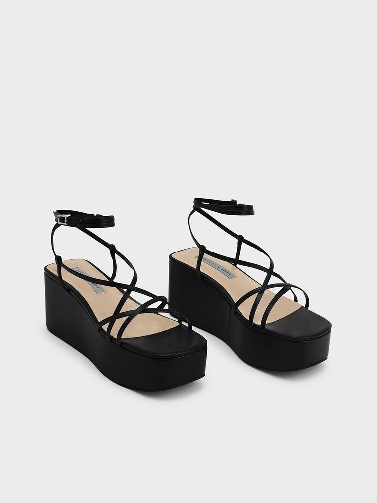 Ankle Strap Platform Wedges, Black, hi-res