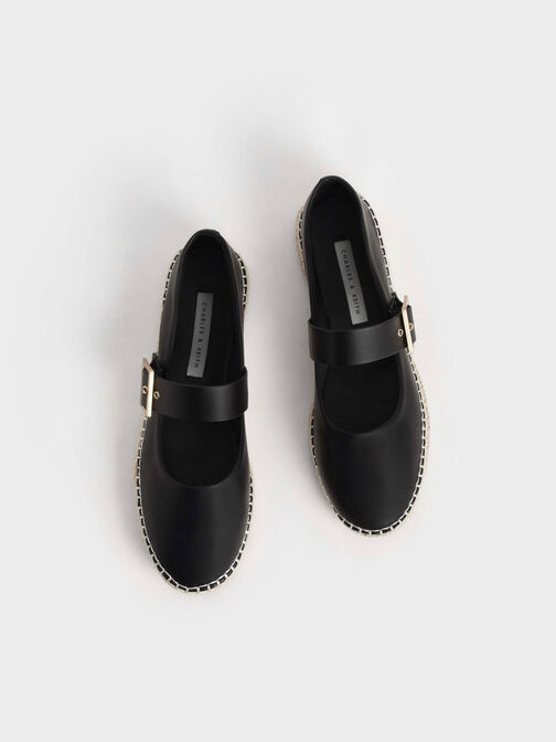 草編方釦瑪莉珍鞋, 黑色, hi-res
