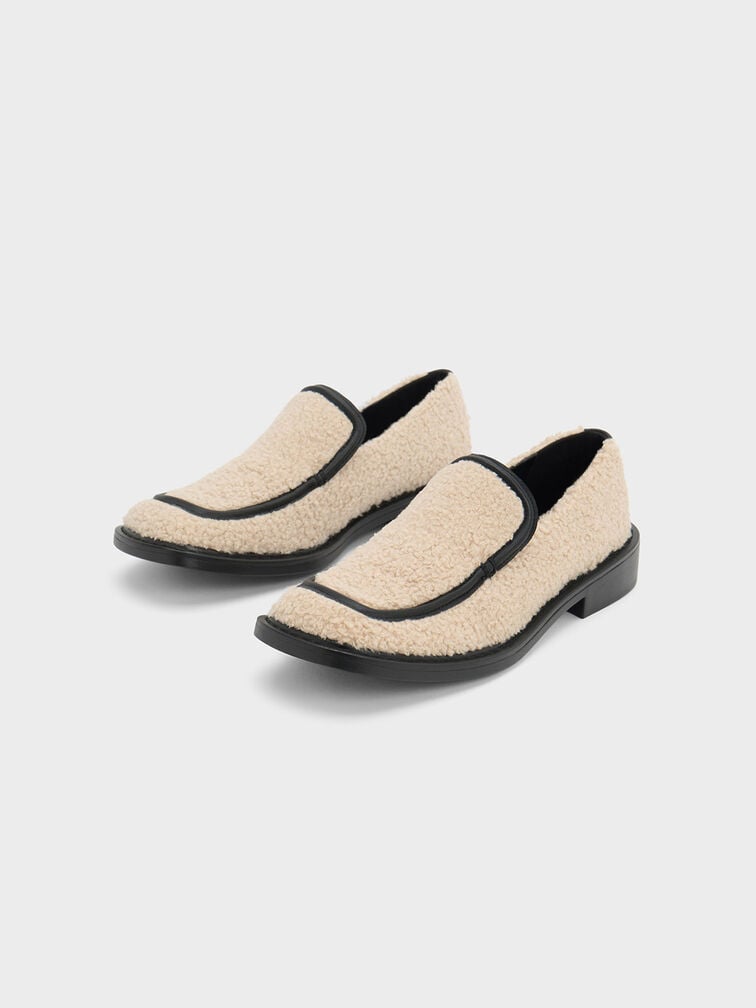 Rosalie Furry Leather Loafers, Beige, hi-res