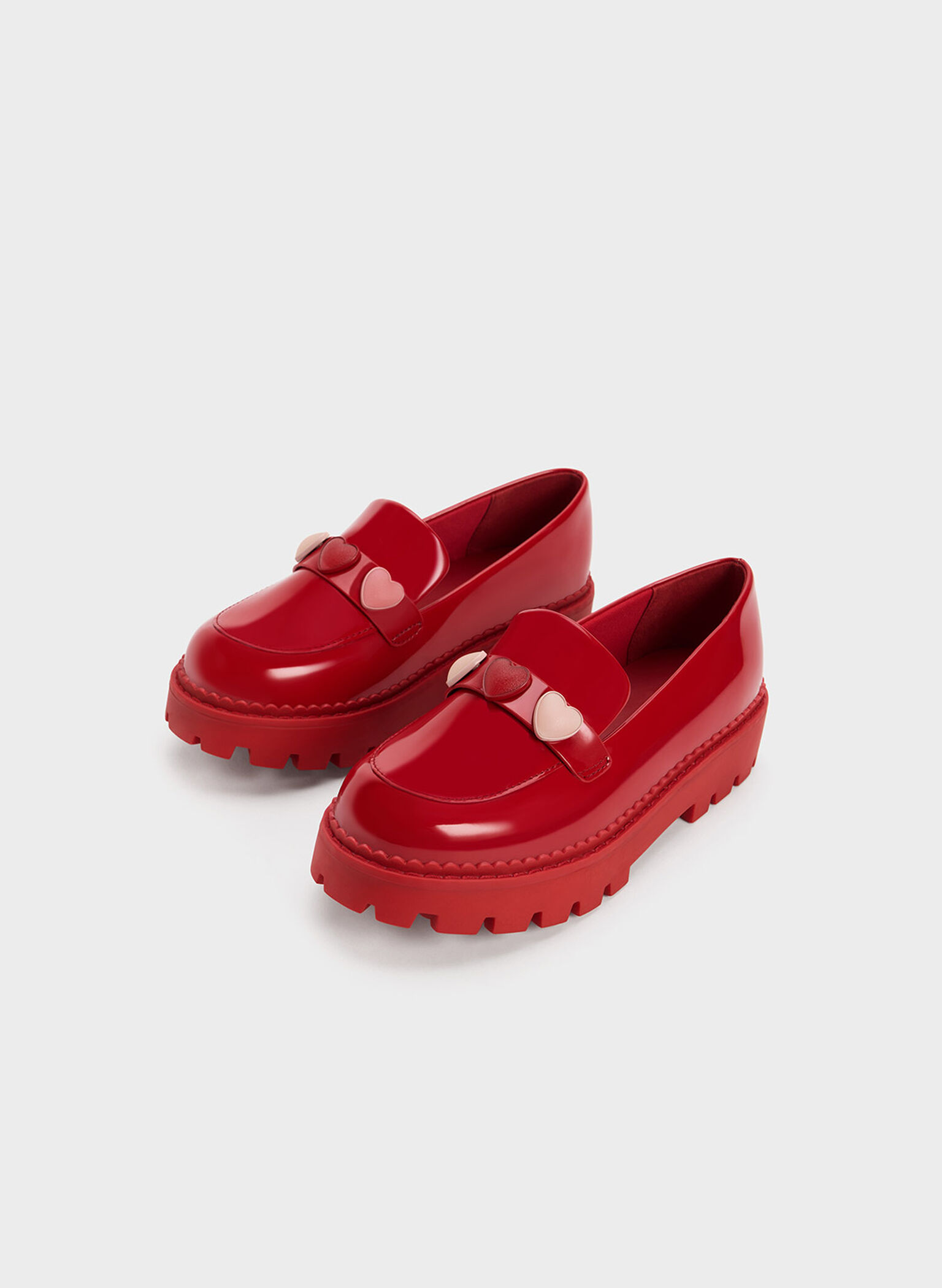 Girls' Heart-Motif Patent Penny Loafers, Red, hi-res