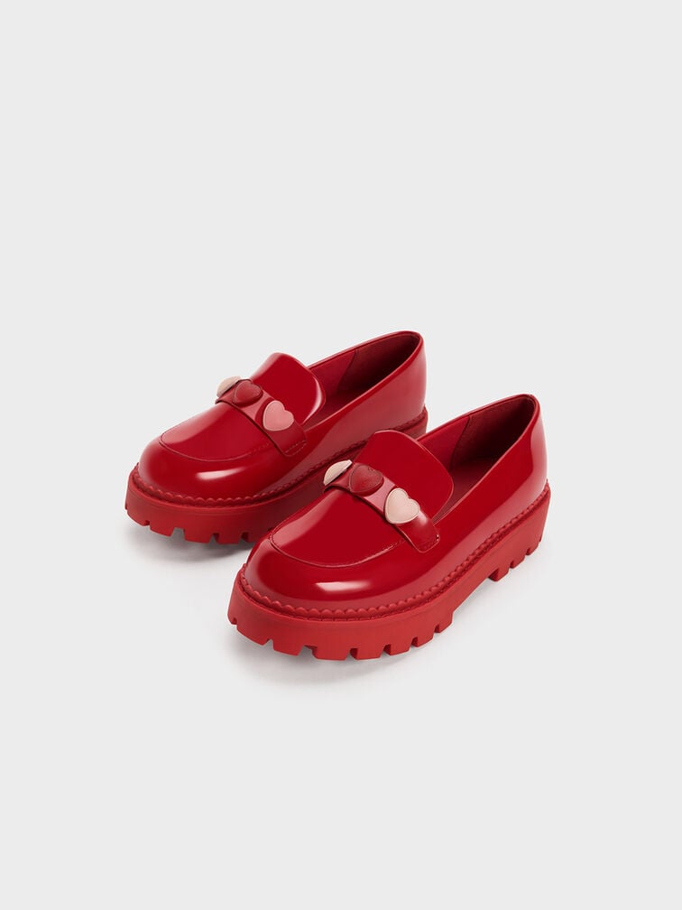 Girls' Heart-Motif Patent Penny Loafers, Red, hi-res