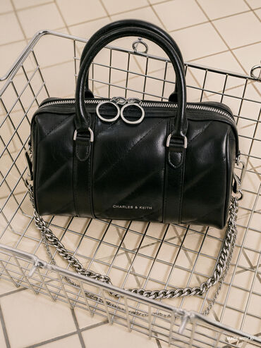 Philomena Panelled Chain-Handle Bowling Bag, Noir, hi-res