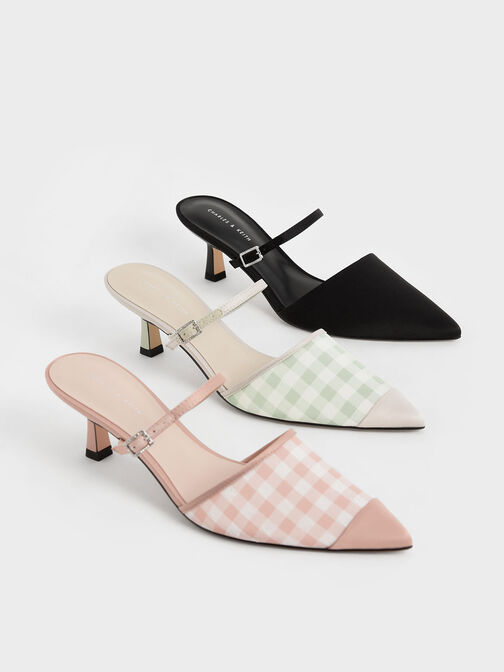 Satin & Check-Print Embellished-Buckle Mules, Blush, hi-res