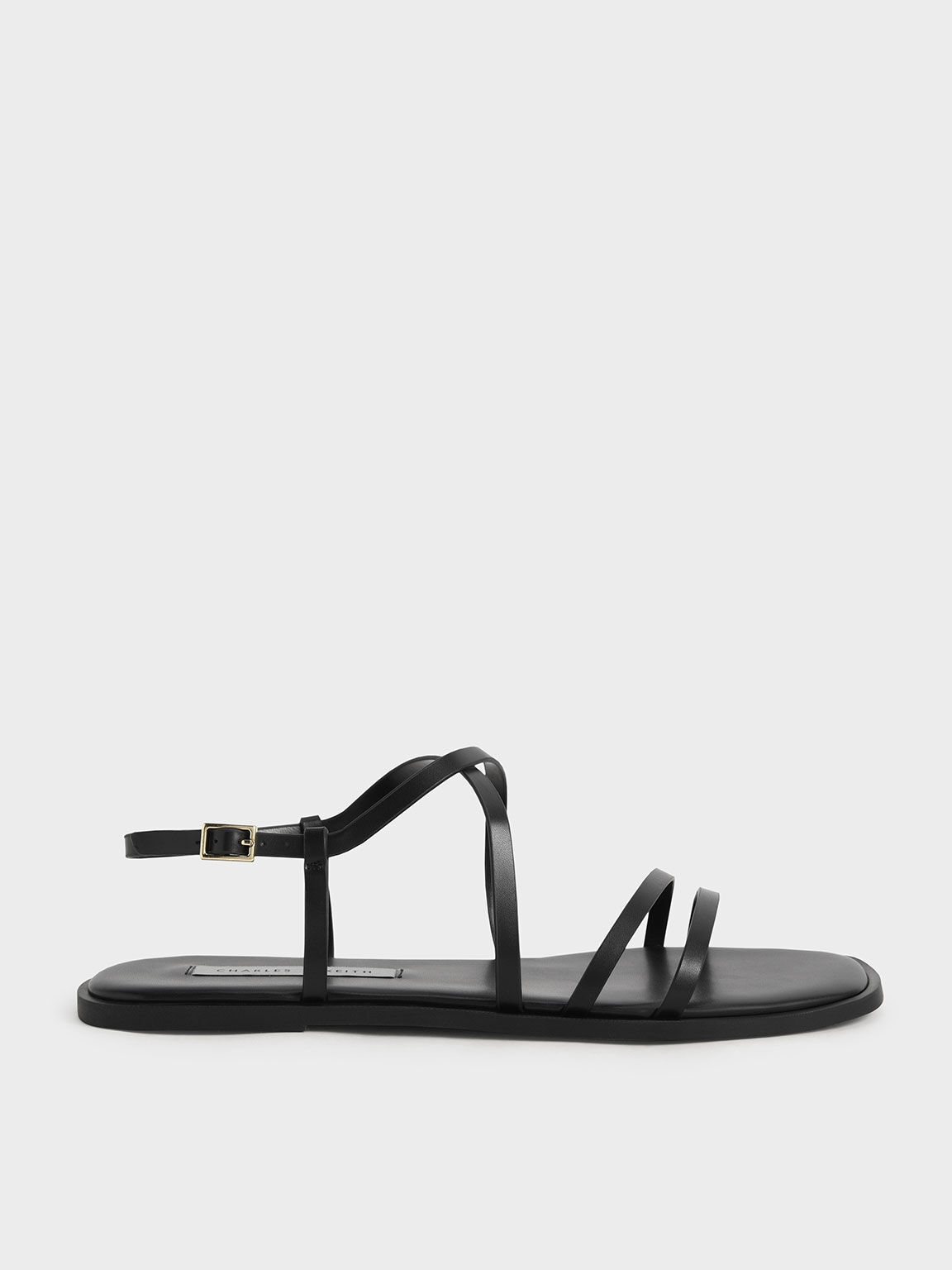 Strappy Flat Sandals, Black, hi-res