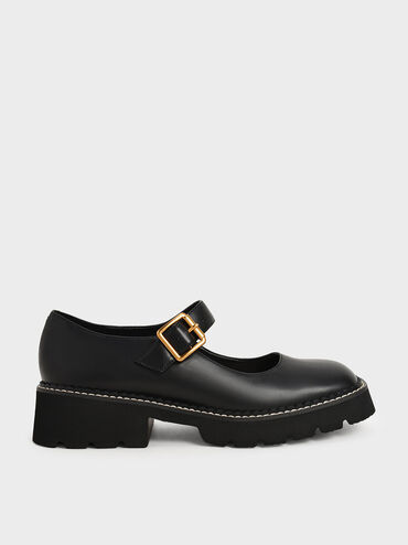 Metallic Buckle Mary Janes, Black, hi-res