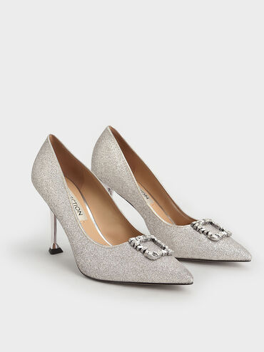 Glitter Gem-Embellished Pumps, Silver, hi-res