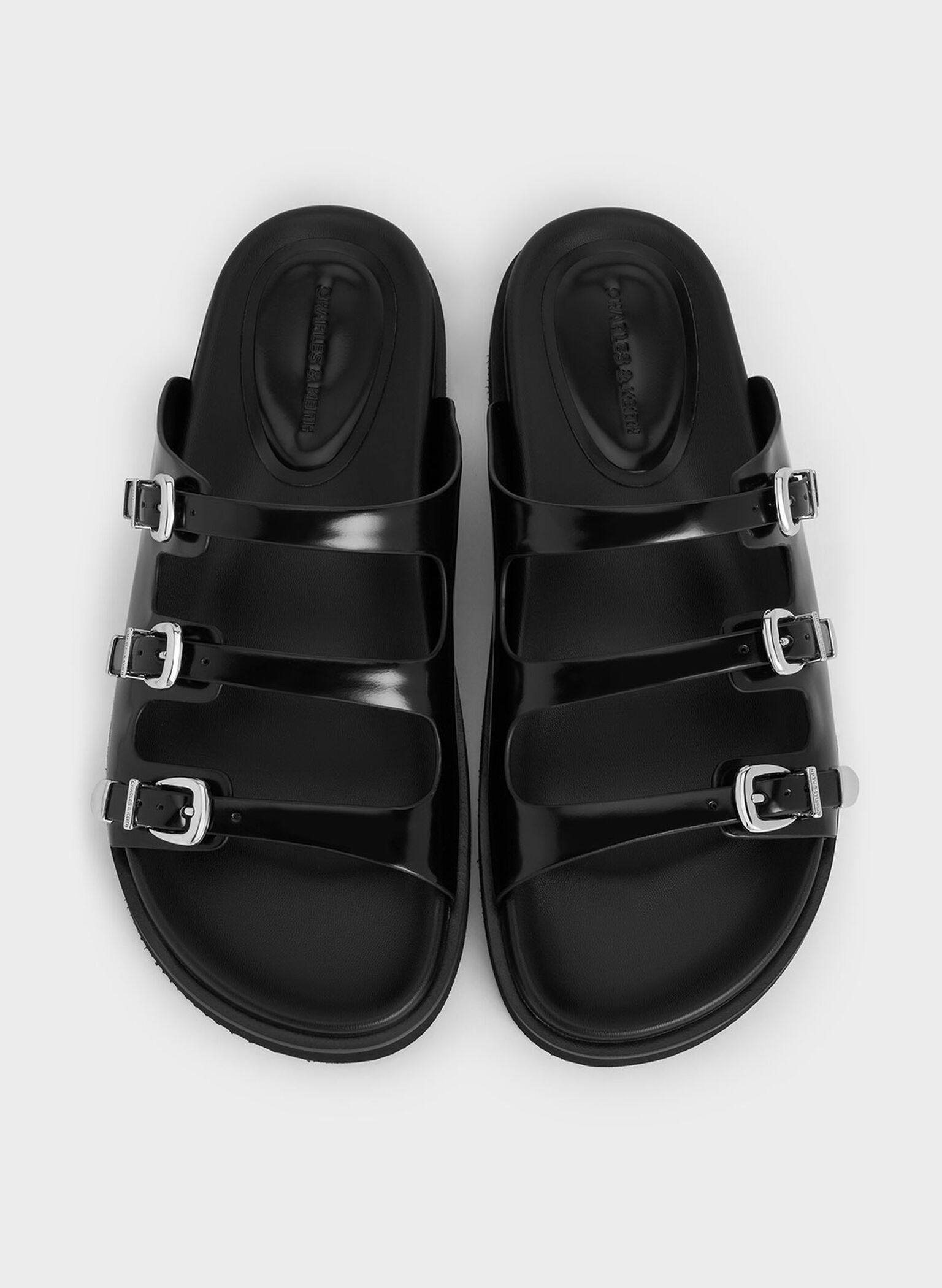 Sandalias de triple correa con hebilla, Negro pulido, hi-res