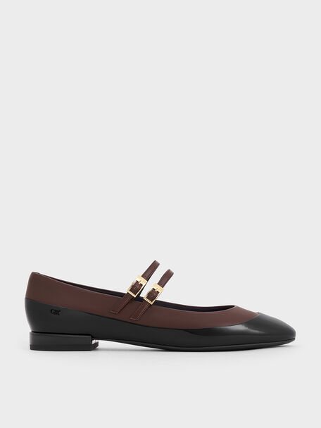 Leather & Patent Double-Strap Mary Jane Flats, Dark Brown, hi-res