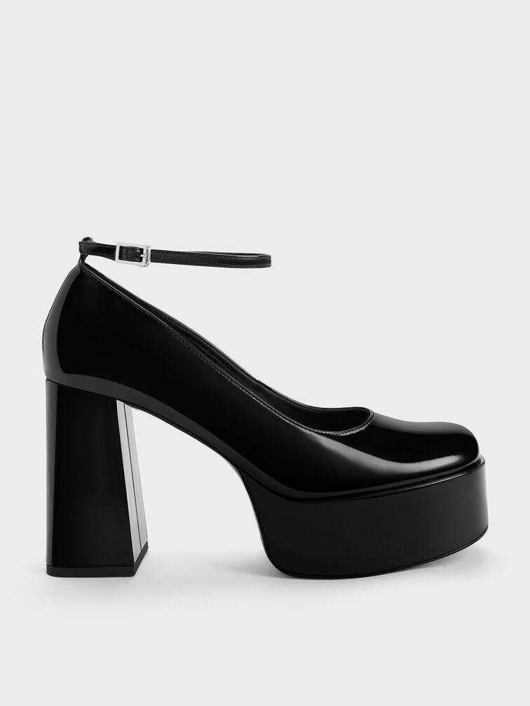 Mary Jane Heeled Pumps for Women Black Patent Ankle Strap 