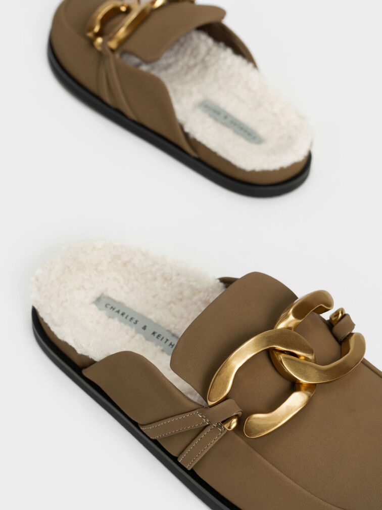 Metallic Accent Furry Loafer Mules, Olive, hi-res