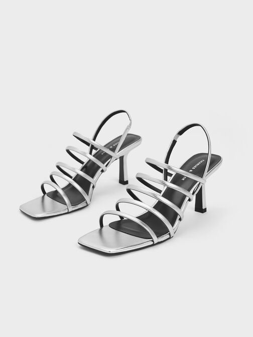 Metallic Strappy Blade Heel Sandals, Silver, hi-res