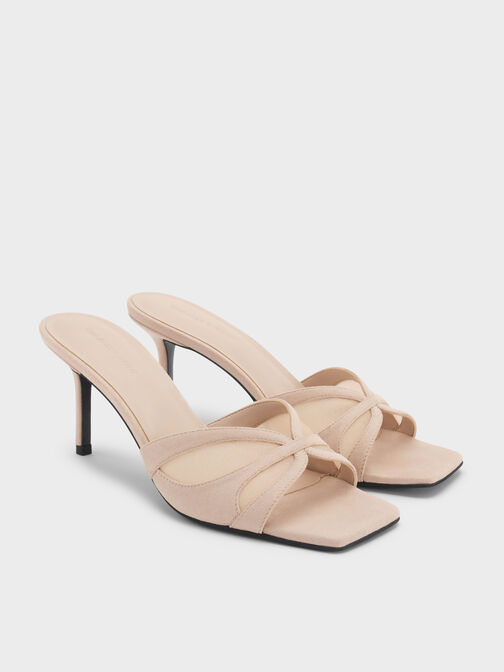 Faux Suede & Mesh Heeled Mules, Beige, hi-res
