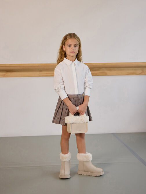 Girls' Faux Suede Fur-Trim Ankle Boots, Beige, hi-res