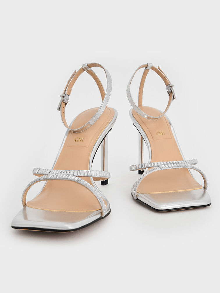 Metallic Leather & Satin Crystal-Embellished Ankle-Strap Sandals, Silver, hi-res