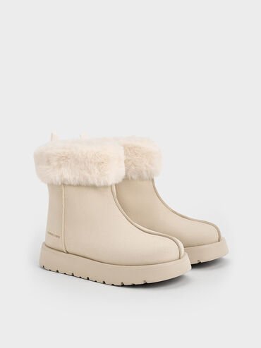 Girls' Faux Suede Fur-Trim Ankle Boots, Beige, hi-res