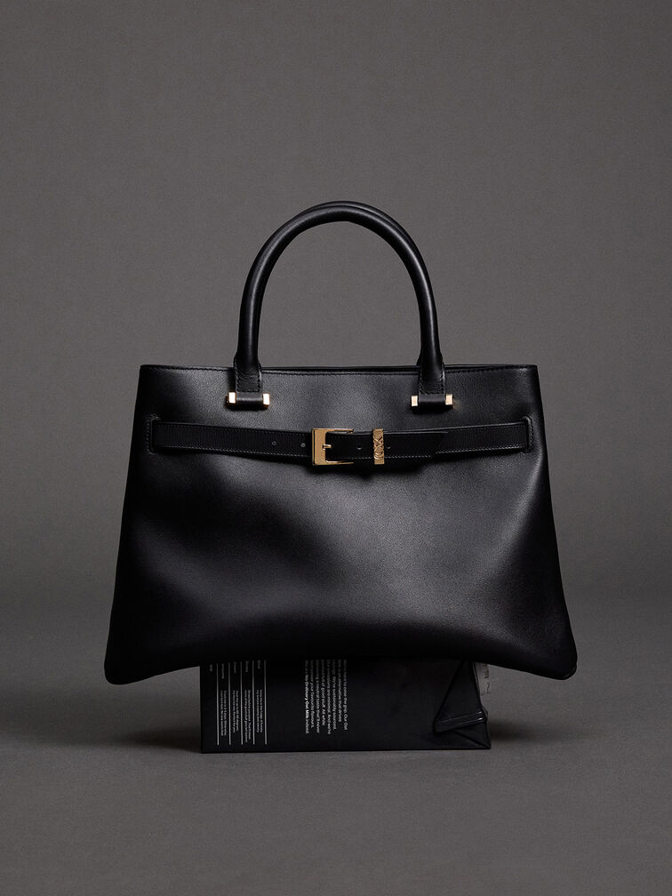 Voyager Leather Belted Trapeze Tote Bag, Black, hi-res