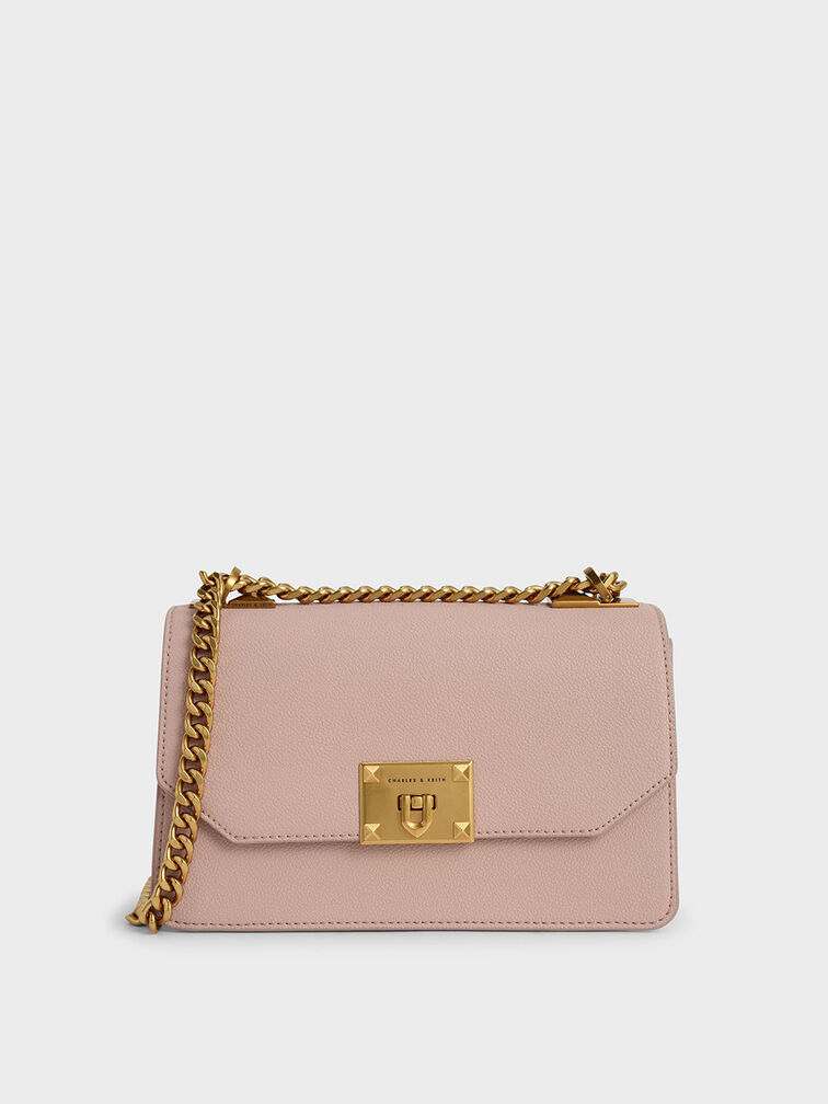 Metallic Push-Lock Crossbody Bag, Pink, hi-res