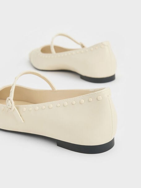 Zapatos planos Mary Jane con punta puntiaguda y tachuelas, Blanco tiza, hi-res