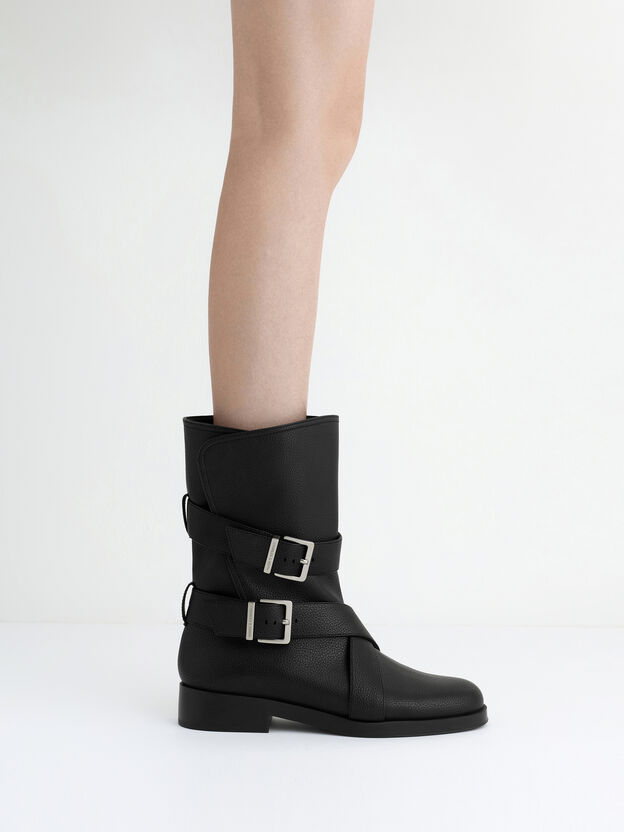 Botas de ca&ntilde;a media a la pantorrilla Brett con tiras con hebilla, Negro, hi-res