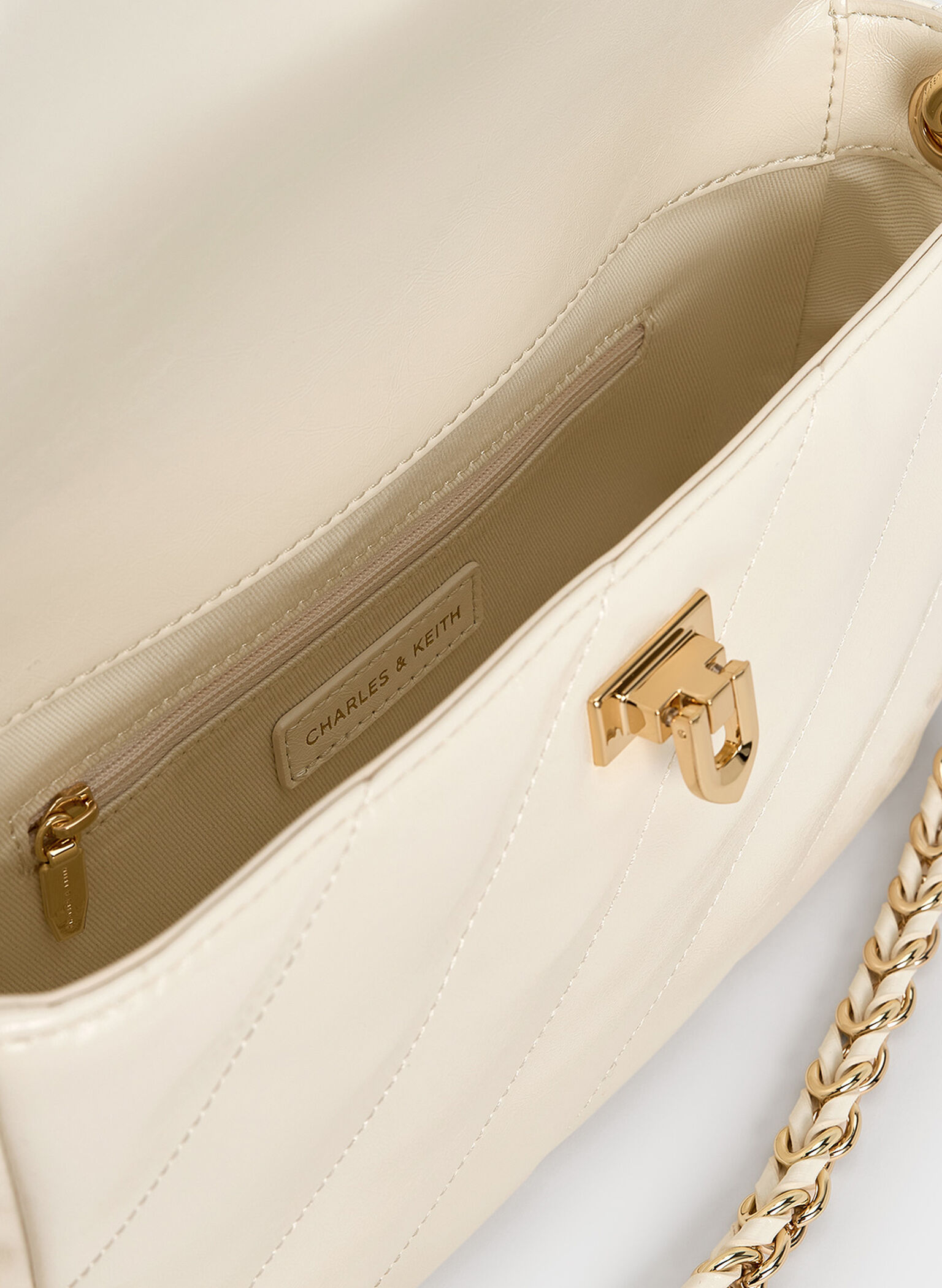 Fawn Panelled Front Flap Chain-Handle Bag, Crema, hi-res