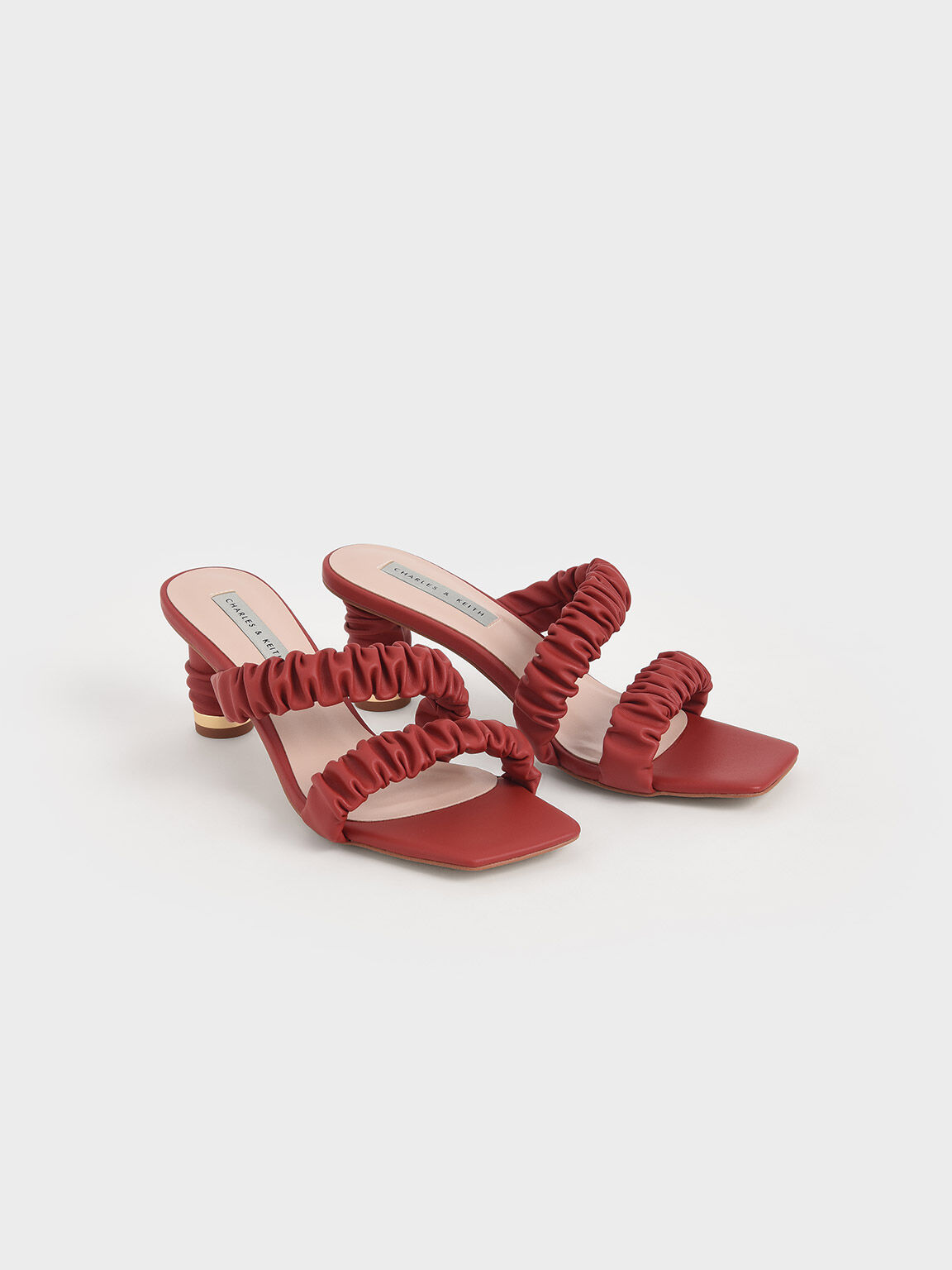 Ruched Strap Mules, Red, hi-res