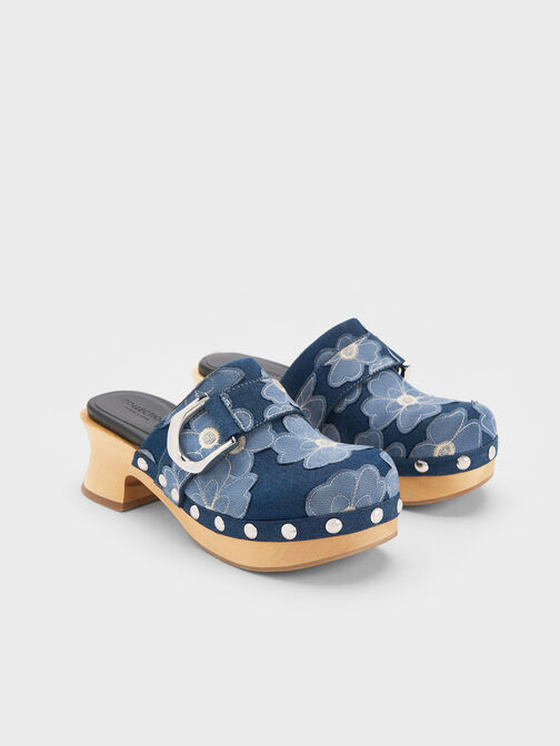 Gabine Floral Denim Studded Clogs, Blue, hi-res