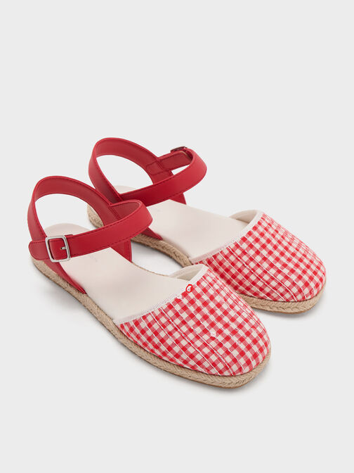 Girls' Gingham Espadrille Flats, Red, hi-res