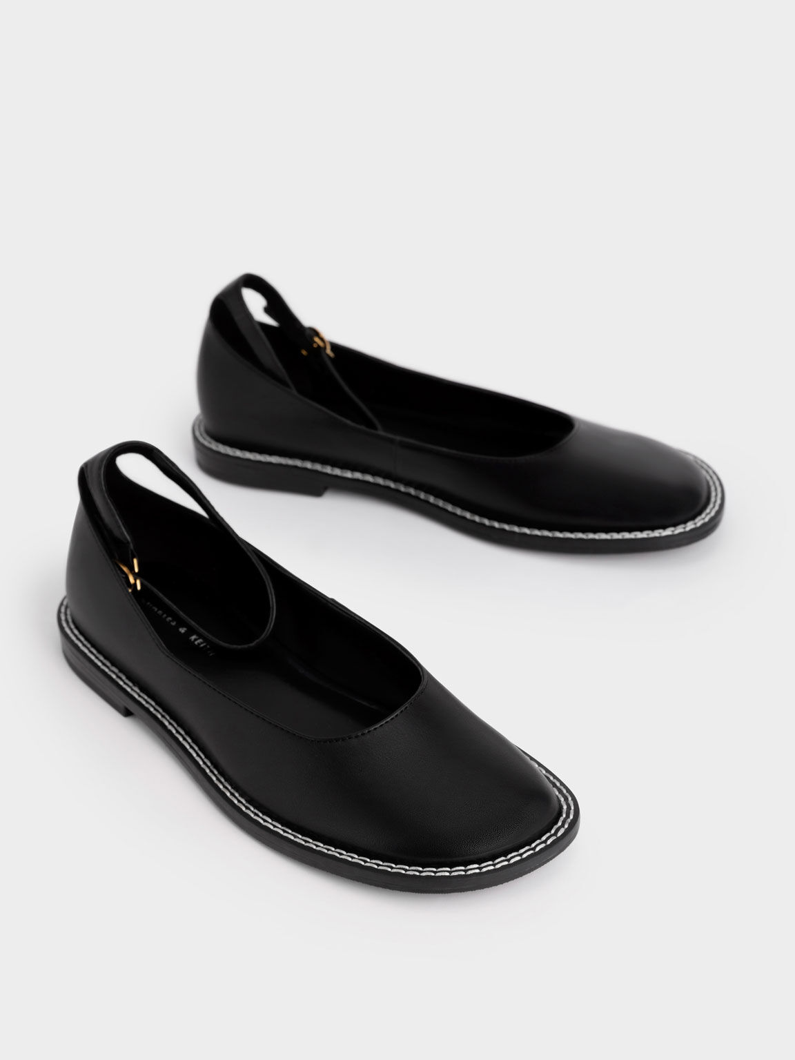 Stitch-Trim Ankle Strap Ballerinas, Black Textured, hi-res
