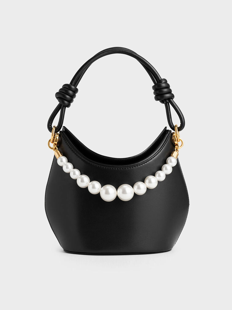 Bead-Embellished Knotted Handle Bag, Black, hi-res