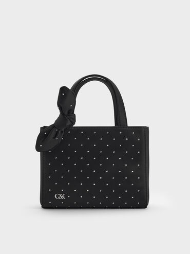 Satin Studded Knot-Bow Mini Bag, Noir Studded Satin, hi-res