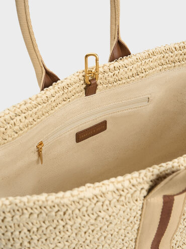 Striped Handles Raffia Tote Bag, Chocolate, hi-res