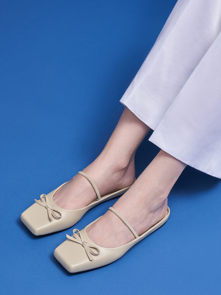 Mules de balé com bico quadrado e laço, Beige, hi-res