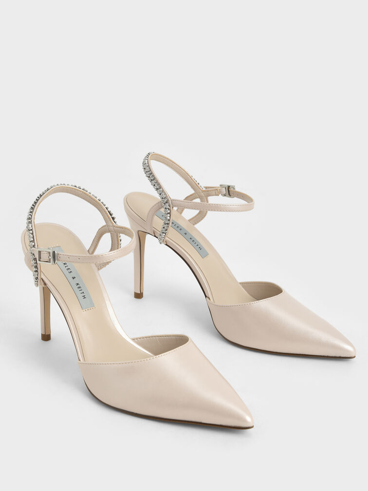 Embellished Back Strap Court Shoes, Nude, hi-res