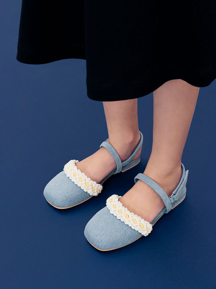 Zapatos Planos Florales de Mezclilla y Croché con Correa Trasera, Azul claro, hi-res