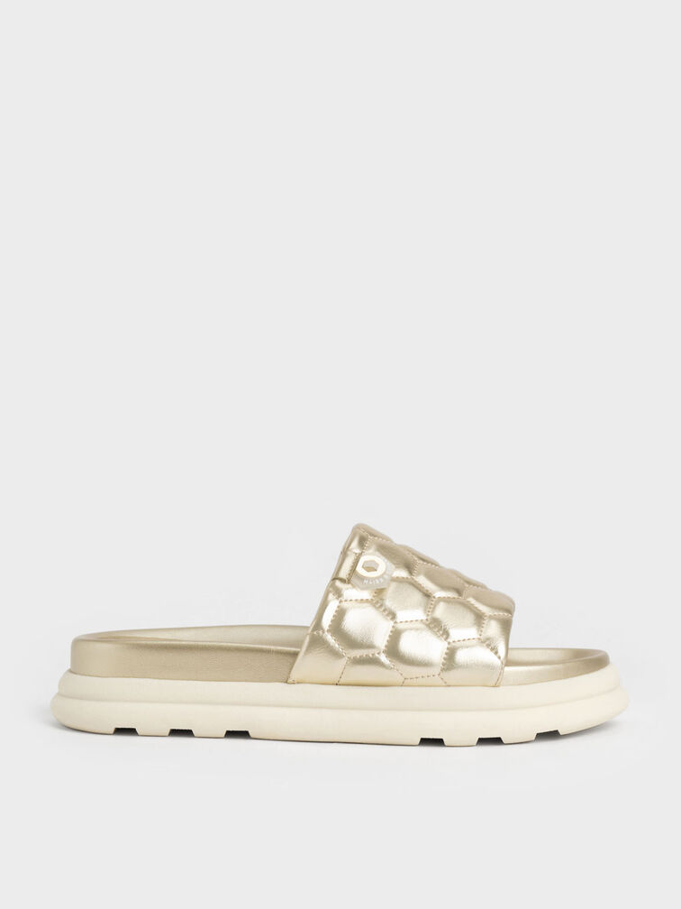 Metallic Textured Flatform Sliders, Gold, hi-res