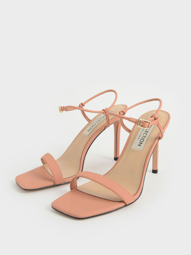 Leather Knotted Heeled Sandals, Tan, hi-res
