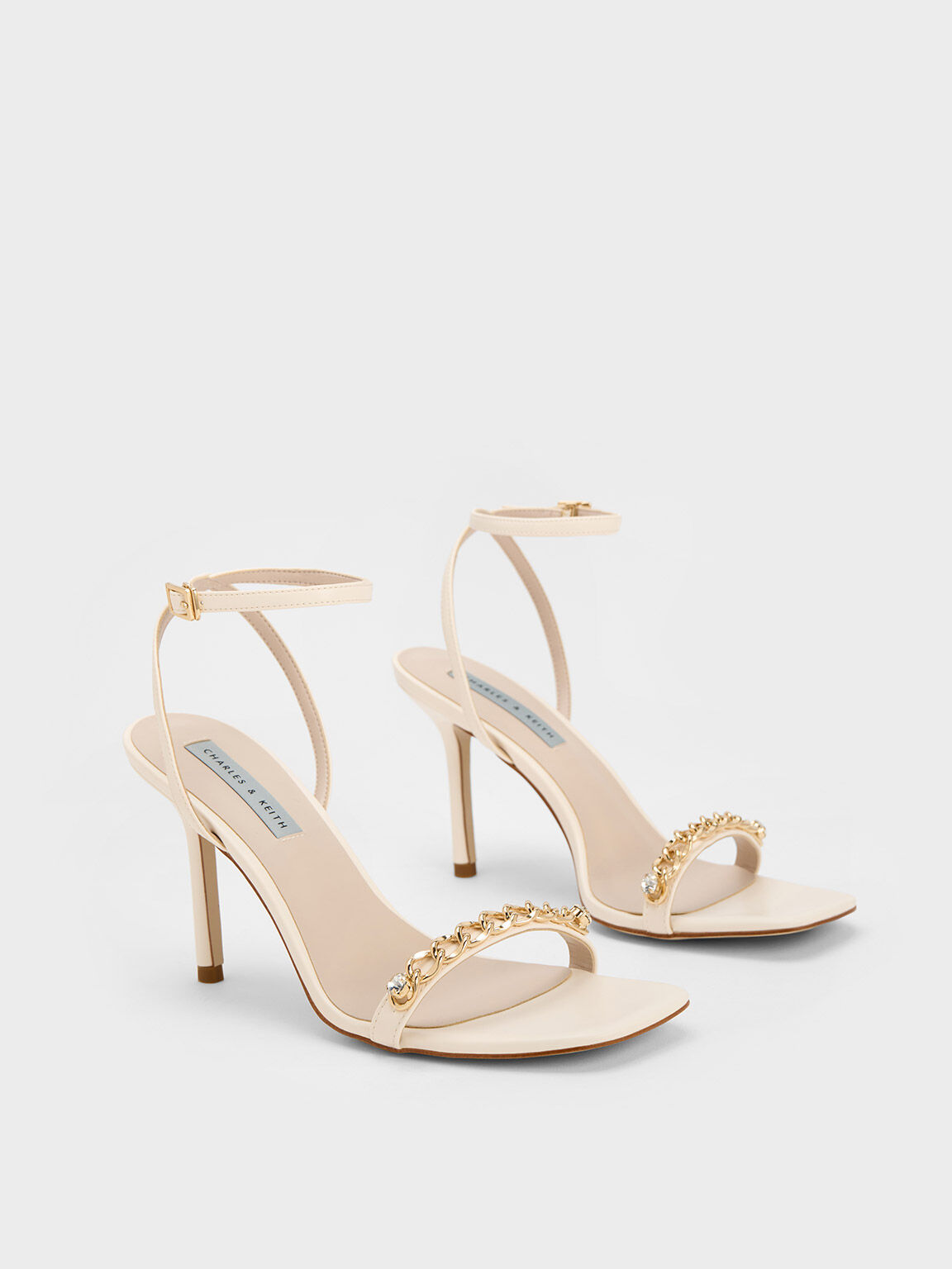 Chain-Embellished Ankle Strap Sandals, Chalk, hi-res