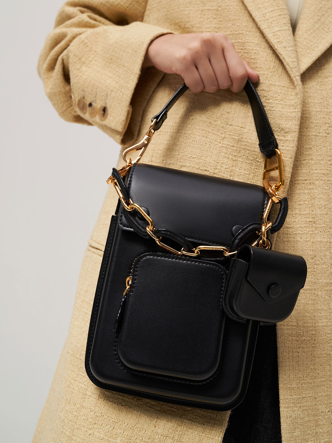Amber Chain-Handle Long Crossbody Bag, Black, hi-res