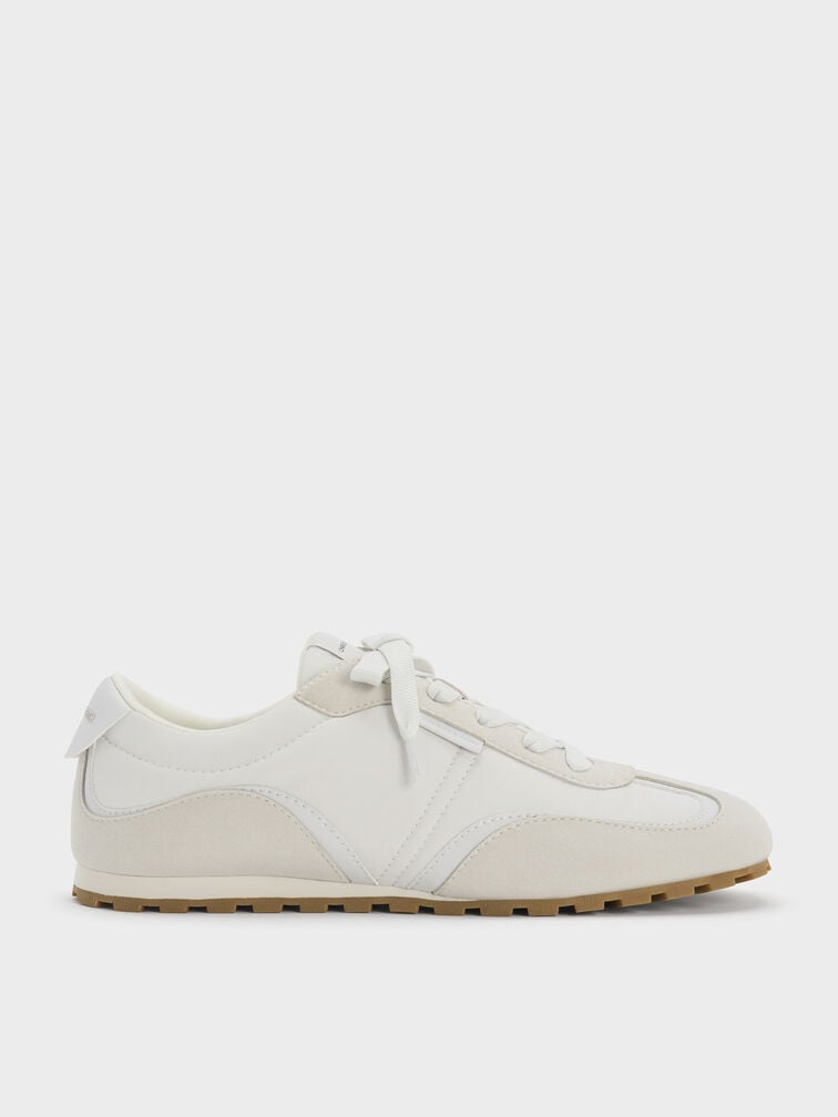 Nylon Contrast-Panel Lace-Up Sneakers, White, hi-res