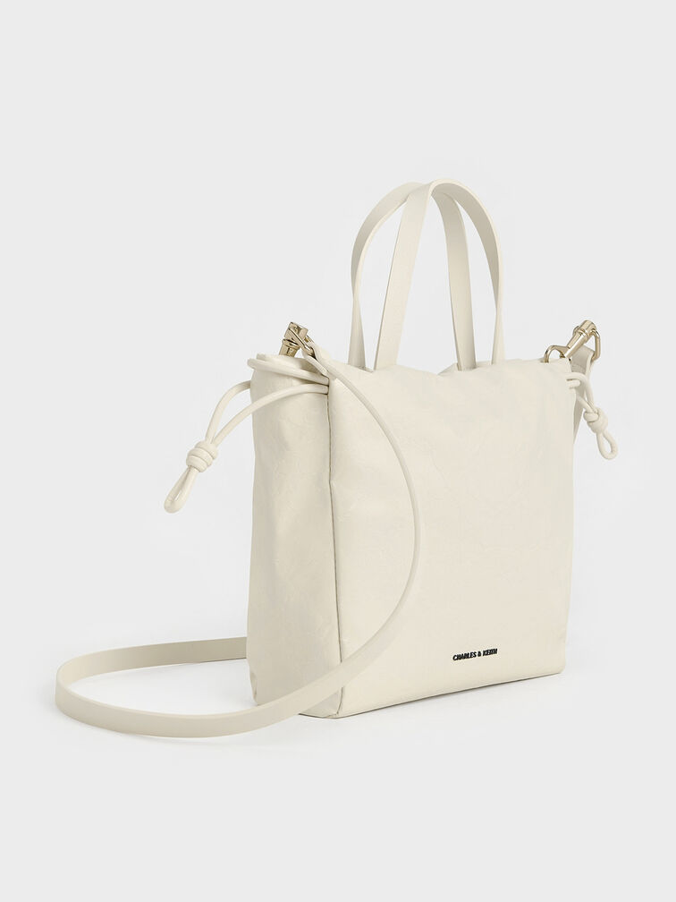 Minibolso tote Bethel acabado arrugado con cierre de cordón, Crema, hi-res