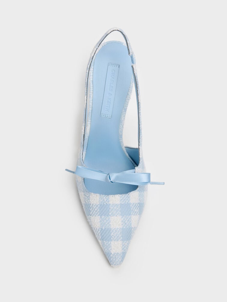 Venetia Gingham Bow Pointed-Toe Slingback Pumps, Light Blue, hi-res