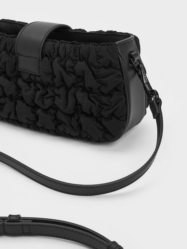 Ruched Nylon Chain Handle Bag, Black, hi-res