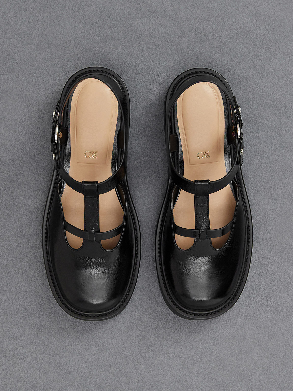 Black Leather Cut Out T Bar Mary Jane Flats CHARLES KEITH AE